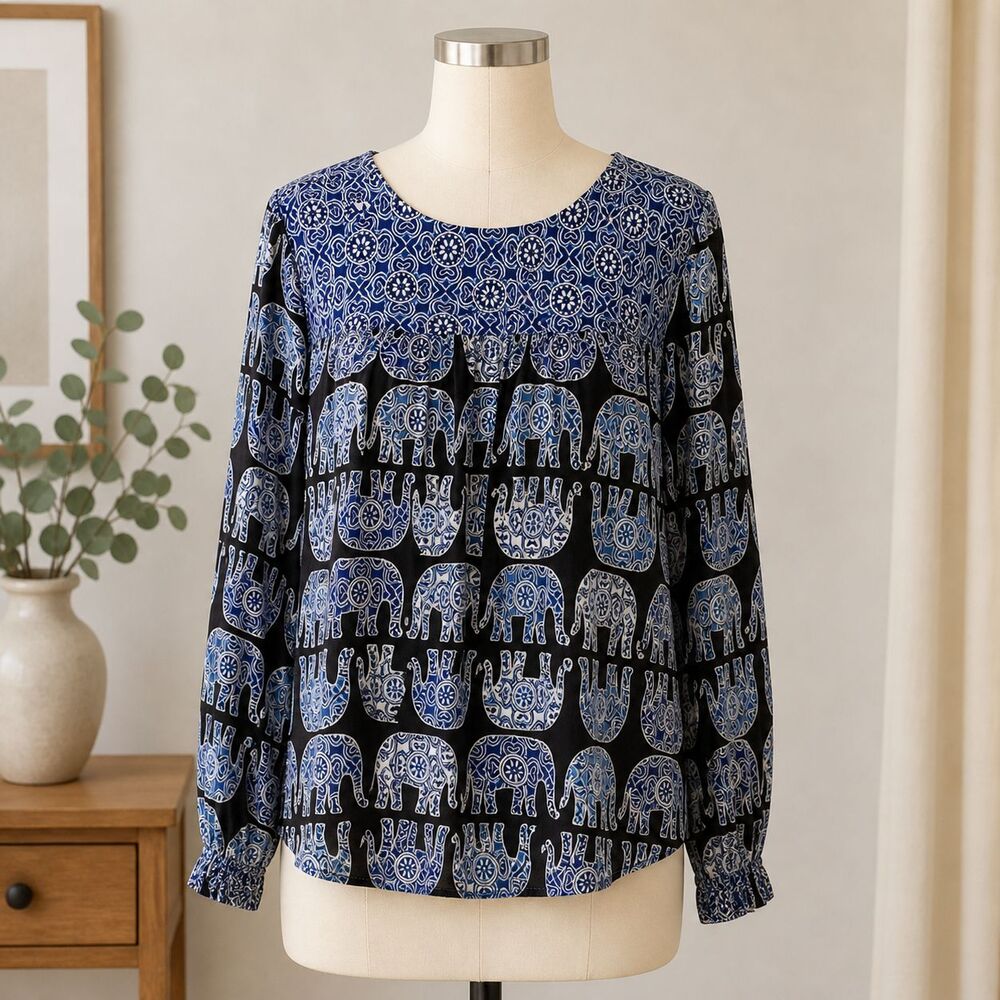 Crown & Ivy Blouse Women Large Blue Elephant Print Keyhole Back Long Sleeve Boho